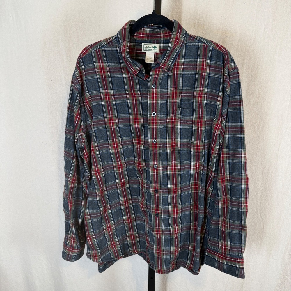LL Bean Mens XL Plaid Flannel Shirt Grey Red Blue Cotton Button Down 228061